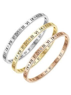 Crystal Roman Numeral‎ Laser Cut Out Bracelets  Set Yellow Silver Rose Gold